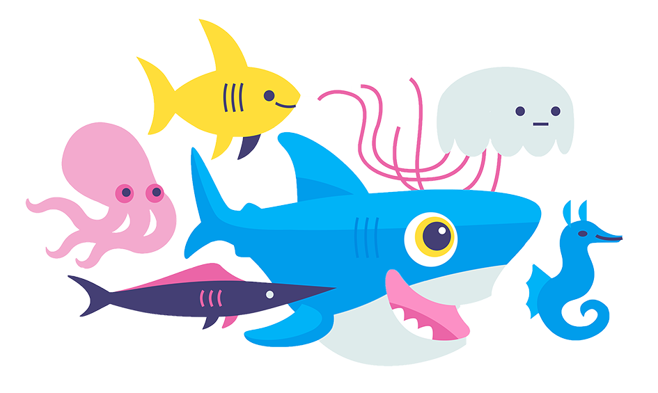 El tiburón Sammy y otros peces nadando